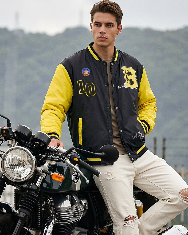 بيواكوف Men's Black Printed Contrast Sleeve Oversized Bomber Jacket